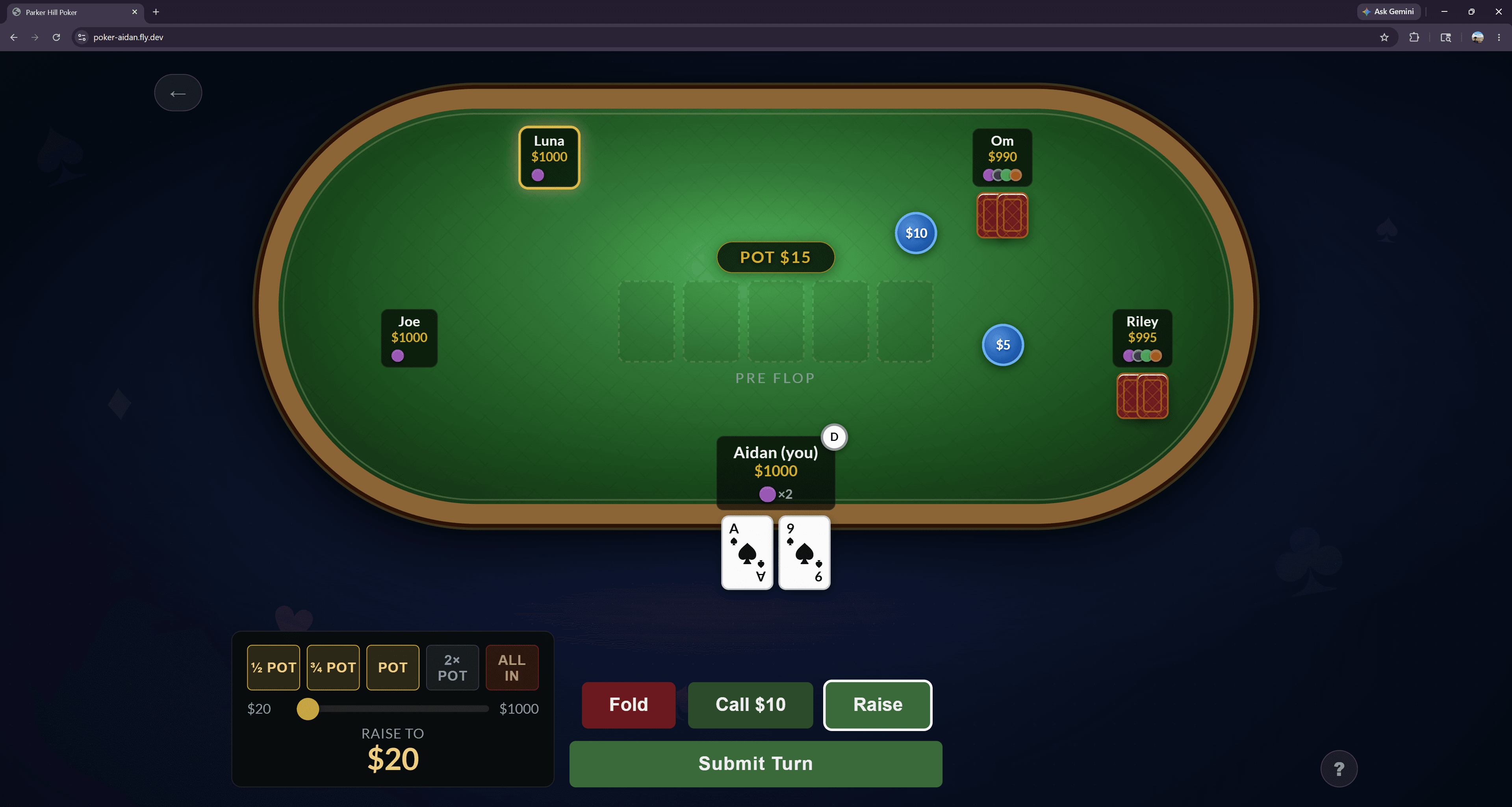Game Play with Raise Controls Open
